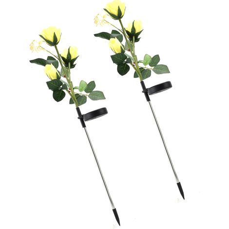 Set mit 2 rosa LED-Solar-Gartenleuchten, Rasenpfahlleuchten, weißes Licht, Außendekoration, eingebaute Batterien, gelb. (1/5)