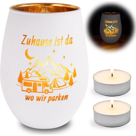 Photophore en verre avec gravure Home Is Da Wo Wir Camping Idée cadeau pour les amateurs de camping (1/5)