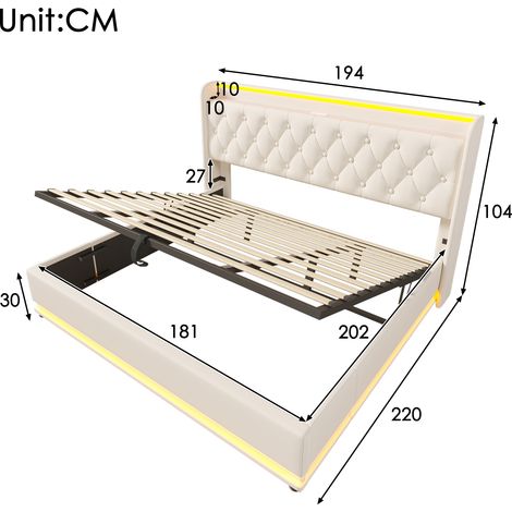 Lit double 180x200 cm blanc, tête de lit rembourrée en PU, éclairage LED 360° réglable par bouton, appli ou télécommande, coffre de rangement hydraulique avec port USB Type-C, sans matelas