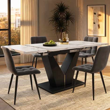 Table à manger extensible 99×159×75cm, avec pieds réglables, gain de place, plan de travail large, design flexible, table carrée - cuisine salon, MDF, blanc et noir (1/5)