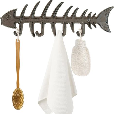 Woodside Decorative Fish Bones Wall Mounted Towel Rack, Cast Iron Rustic Coat Hanger, Fixings Included, Rustic Dark Brown Finish (1/5)