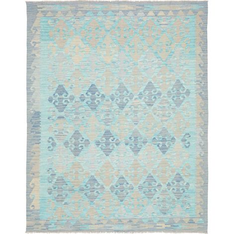 Tapis kilim 155 x 197 cm, géométrique, bleu, beige et gris, en laine naturelle, tissé plat, style ethnique (1/5)
