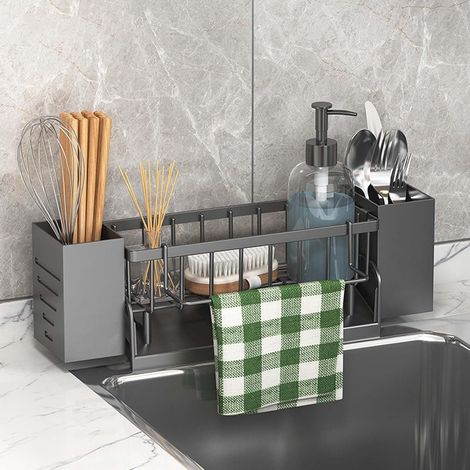 Organisateur de Cuisine Multifonction - Support Rangement pour Évier avec Porte-Éponge, Porte-Couverts et Égouttoir, 33.5 x 7.8 10.5 cm, en Plastique Résistant (1 Pièce) (Gris) Gris'Gris'Gris'- (1/5)