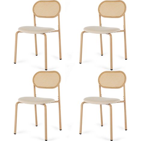 Artist Hand Set of 4 Boho Dining Chairs for Living Room Dining Room, Upholstered Cane Dining Chair with Rattan Back & Metal Legs, Natural (1/5)