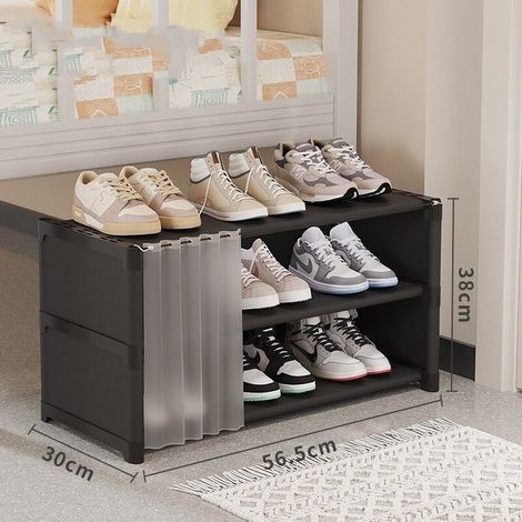 Meuble à chaussures simple à trois niveaux avec rideau de porte - Noir (1/3)