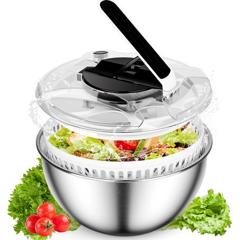 Essoreuse à Salade Acier Inoxydable 4,5 L Grande Sécheuse à Légumes à Pression Facile à Une Main avec Couvercle, Ase Antidérapante, Bouton Stop Salad Spinner pour laitue, légumes, Herbes, Baies