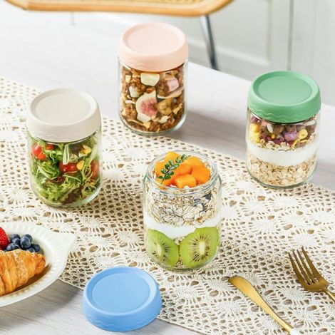 Lot de 4 bocaux en verre hermétiques 16 oz, couvercle étanche, large ouverture, pour overnight oats et yaourt (1/4)