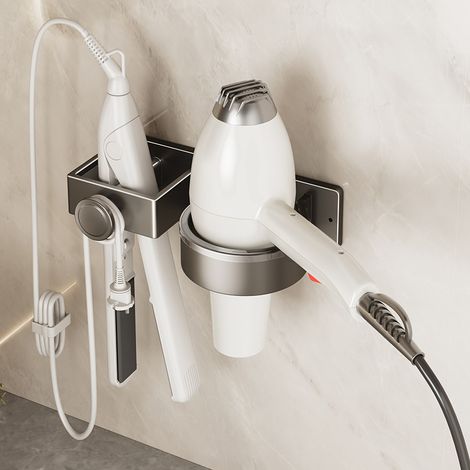 Soporte para secador de pelo sin taladro — Estante de almacenamiento para planchas, rizadores y herramientas de peinado — Aluminio aeroespacial — Estante para secador de pelo
