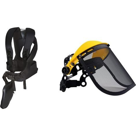 Harnais Professionnel pour Débroussailleuse et Coupe-Bordures (Noir) & Visière de Protection Ajustable en Maille d'Acier, Protection du Front et du Visage (1/5)