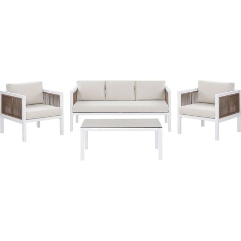 Beliani – Salon de jardin 5 places – Canapé d'angle en aluminium blanc – Table basse en verre trempé – Coussins inclus – Style boho moderne