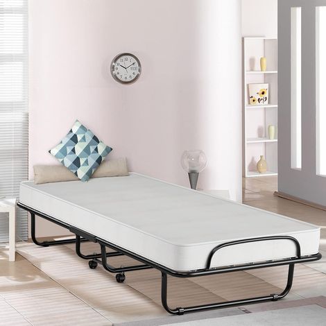Goplus – Lit pliant 190x80cm avec matelas épais 10cm – Charge max 120kg – 4 roulettes universelles – Pliable pour gain de place – Fabriqué en Italie – Noir (1/5)