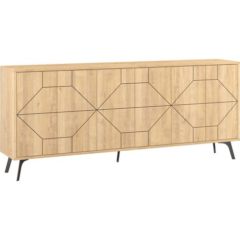 Cotecosy – Buffet 4 portes en bois mélaminé clair – Motifs géométriques noirs – Dimensions L 184 x H 77.4 x P 35 cm – Pieds en bois noir (1/7)
