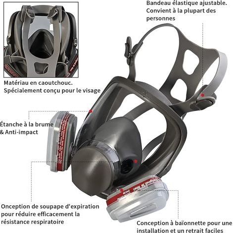 Respirateur facial complet réutilisable, Protection Respirateur Visage avec 10 filtres de rechange 5 paires de gants pour Peinture Particules Poussière Produits chimiques (1/4)