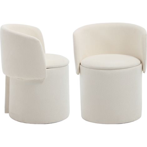 Wahson Dining Chairs Chenille 2Pcs, Upholstered Kitchen Barrel Chair with Foldable Backrest and Hidden Storage for Dining Room, White