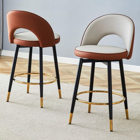 Lot de 2 tabourets de bar pivotants 360°, assise rembourrée en PU, dossier ajouré, pieds métal avec repose-pieds, style moderne (1/5)