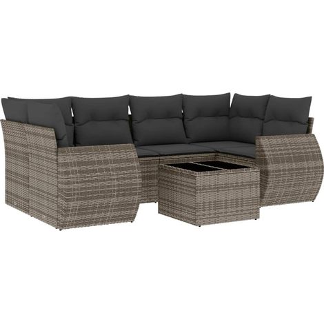 Salon de jardin avec coussins 7 pcs gris résine tressée (1/3)