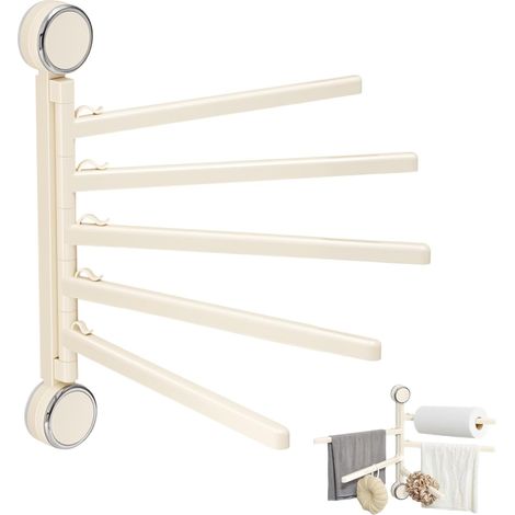 Porte-serviettes à 5 bras sans perçage - Blanc - Avec ventouse - Pivotant à 180° - Pour cuisine, WC, vestiaire, salle de bain (1/5)