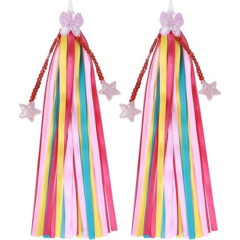 Guirnaldas para bicicletas infantiles (juego de 2) – Colores arcoíris con mariposa brillante, estrellas y cordón de perlas, para el manillar (1/3)