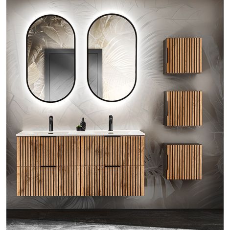 Badezimmer Set Doppelwaschtisch 120 cm mit LED Spiegel XANTEN-56 in anthrazit mit Eiche Nb. schwarz gerillt (1/5)