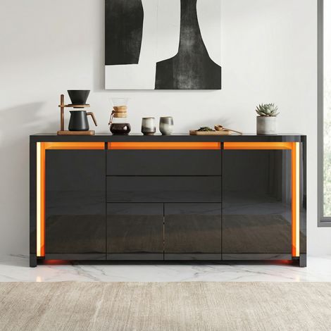 Buffet cuisine 160 cm avec LED, 4 portes, 2 tiroirs, laqué haute brillancem grand meuble rangement,  commode pour salon, cuisine, salle à manger - Noir