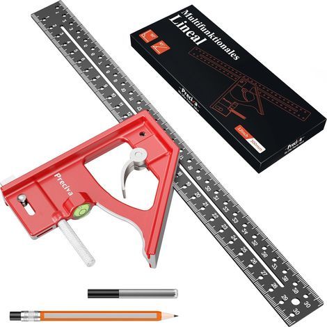 Combination Square with Pencil, 12Inch/300mm Carpenter Squares with Spirit Level, Aluminum Alloy Speed ​​Square 45/90 Degree, Adjustable Ruler Carpentry Tools for Drawing, Measuring, Marking (1/5)