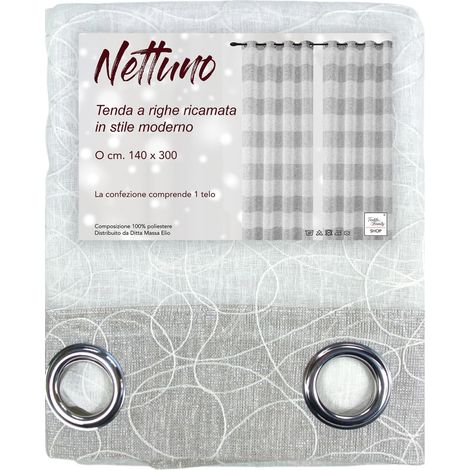 Tenda Nettuno Ricamata a Righe 140x300 cm Beige con Lurex- Stile Moderno - Poliestere Semitrasparente con Anelli (1/5)