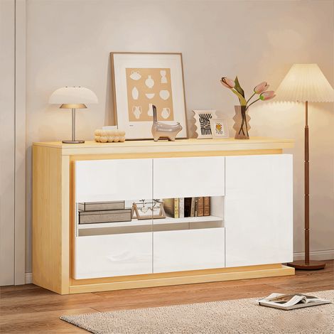 Buffet brillant de salon 140 cm avec éclairage LED  commode moderne à 4 compartiments avec portes en verre trempé Blanc