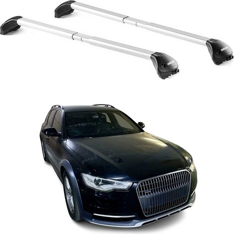 OMAC Barres de toit transversales certifiées TÜV pour Audi A6 C7 Allroad 2012-2018 – Verrouillables (4 antivols) – Charge max 100 kg – Sangle inox + protection caoutchouc Argent (1/4)