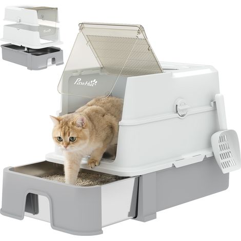 Bac à litière pour chat - PawHut - tiroir coulissant, couvercle amovible, pelle, 2 sacs filtrants - inox - 60x40x45cm - gris (1/5)