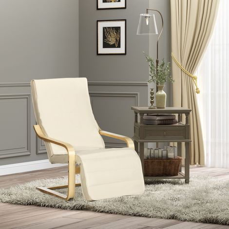 REDOM sillón relax con reposapiés ajustable en 5 niveles, asiento acolchado, madera de abedul y poliéster blanco crema (1/5)