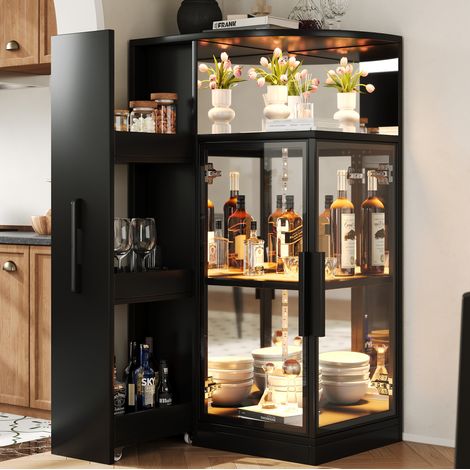 Vitrine en verre avec LED multicolore et meuble latéral coulissant, noire en panneaux de particules, 64x42x112 cm (1/5)