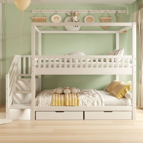 Lit superposé enfant 90/200 cm blanc en bois massif avec forme maison et rangements (1/5)