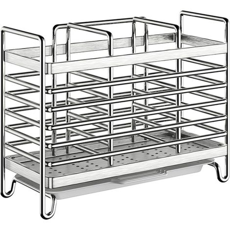 Porte-ustensiles en acier inoxydable pour montage mural ou comptoir, égouttoir de cuisine avec plateau de drainage amovible pour fourchettes, cuillères et outils de cuisine (3 compartiments) (1/5)