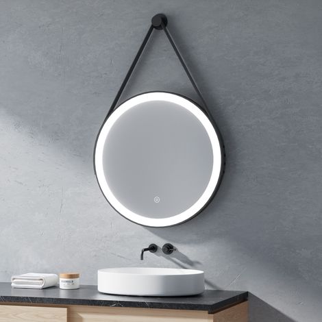 Miroir LED Rond Heilmetz 60 cm pour Salle de Bain – Lumière Blanche Froid 6500K, Étanche IP44, Commande Tactile,Cadre Métal Noir + Sangle Cuir