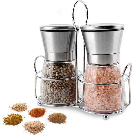 Set di 2 macina sale e pepe di alta qualità in acciaio inox con macinino in vetro su supporto. Macinatura regolabile. Ricaricabili - Macina sale e pepe di qualità superiore (1/5)