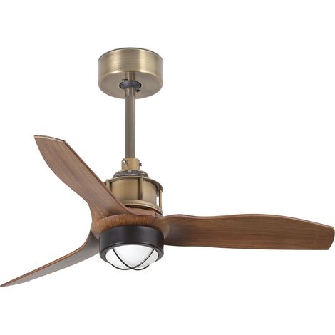 FARO Ventilateur de plafond en acier or vieilli avec pales en noyer moteur DC silencieux 6 vitesses fonction inverse pour plafonds inclines compatible TUYA taille S Just Fan