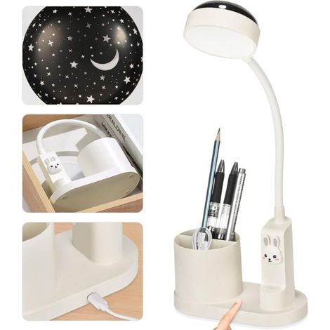 Lampe de Bureau Enfant, 3 en 1 Lampe de Bureau Enfants avec Porte-Stylo et de Pprojection D'étoiles, Lampe de Bureau Rechargeable pour Enfants Réglable en Trois couleurs Lampe (RABBIT-WHITE)