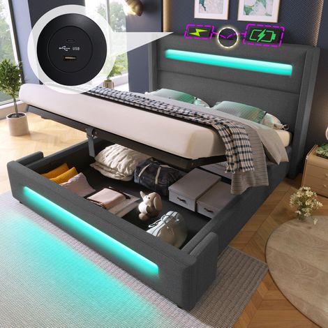 Cama canapé para adulto 180×200 cm, cama para adolescentes con iluminación LED, hidráulica, USB + Tipo C, somier tapizado, colchón no incluido, lino, gris (1/5)