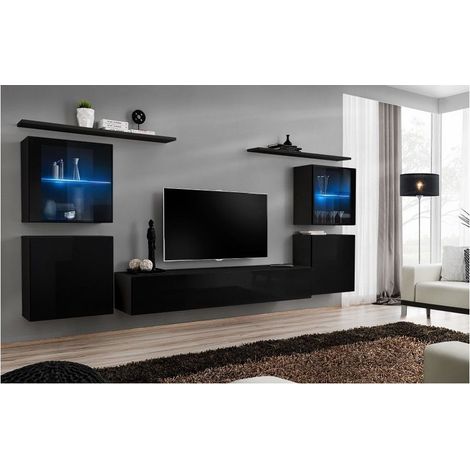 Ensemble meuble TV mural  - Switch XIV - 320 cm  x 150 cm  x 40 cm - Noir - Livraison gratuite
