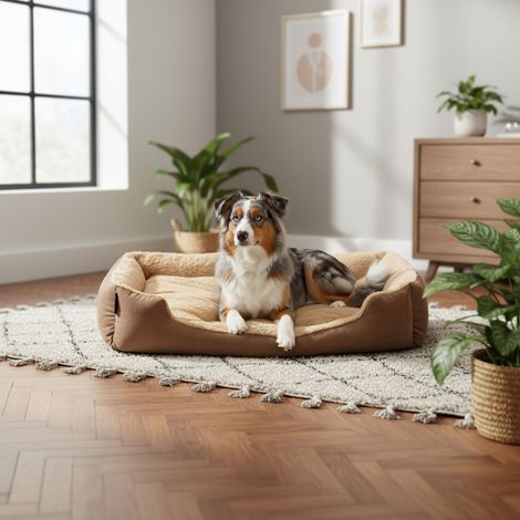 belviona Hundebett mit kuscheligem Wendekissen, pflegeleicht & rutschfest, gemütlicher Schlafplatz, 90x70 cm, braun/beige (1/5)