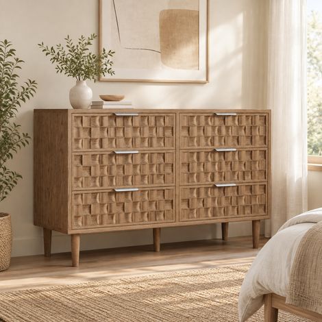 Buffet 120/37/77 cm aspect chêne avec 6 tiroirs et poignées en métal (1/5)