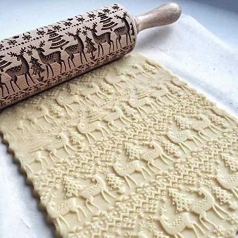 Rouleau à Pâtisserie en Bois Motif Arbre Noël Rouleau à Biscuits Gravé Relief Outil de Cuisine Décoration de Gâteaux 35cm (1/3)