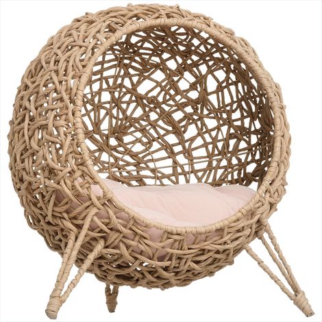 Maison pour chat cosy en résine tressée imitation rotin beige (1/5)