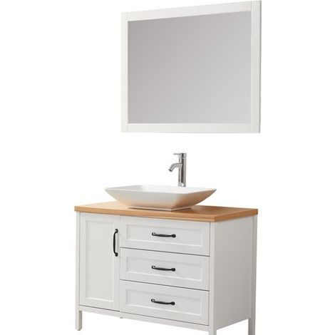 Ensemble de meubles de salle de bain blanc 100 cm – Meuble MDF avec 3 tiroirs – Miroir 100 cm – Vasque en porcelaine blanche – Wilsa Garden (1/3)