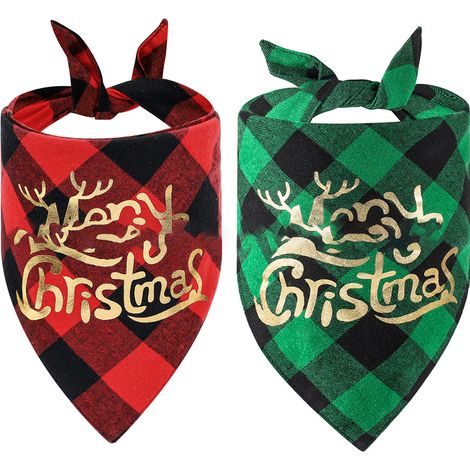 Bandana Pour Chien - Écharpe Triangle En Coton À Carreaux Buffalo - Motif Noël Cerf Doré - Ajustable Collier 20-48 cm - Lot De 2 (1/5)
