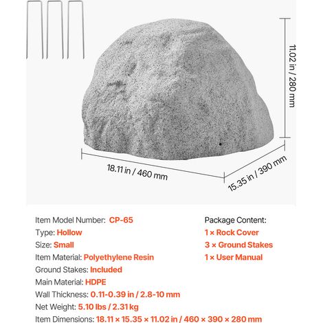VEVOR Faux Rock Cover, Outdoor Fake Rock Well Pump Cover, Realistic Natural Texture, Lightweight & Weather-Resistant Polyresin Artificial Boulder for Landscaping Garden Yard Decor, Grey, Small Size (1/4)