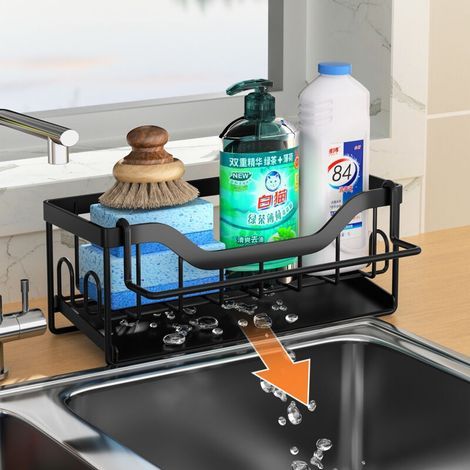 Support de rangement pour évier de cuisine, support à éponge pour évier de cuisine avec fonction de vidange automatique, support de rangement pour évier de cuisine en acier inoxydable, noir (1/5)