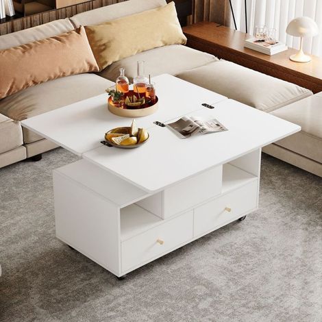 Table basse 100x50x50, MDF blanc anti-rayures table basse salon, plateau relevable extensible, 4 tiroirs, roulettes (1/5)
