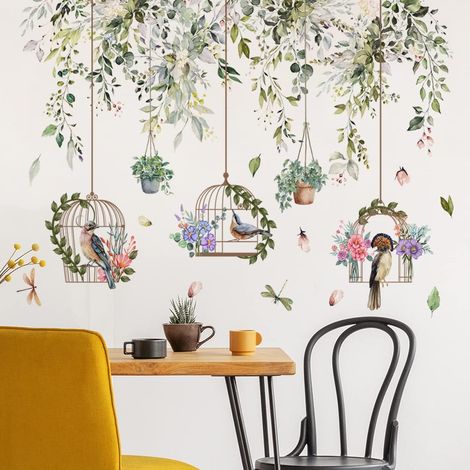 Autocollant mural en forme de cage à oiseaux, autocollant mural en forme de fleur de vigne suspendue, décoration de salon, chambre d'enfant (1/4)