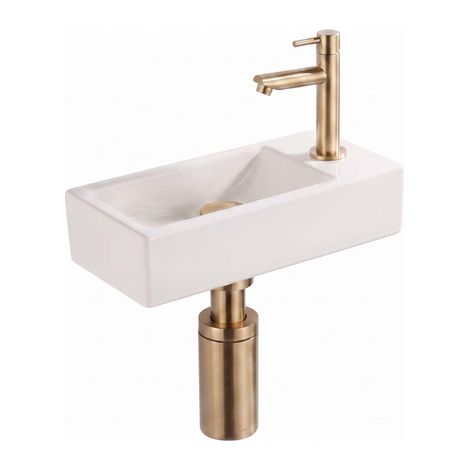 Saniclass Fuente Fontaine set - 40x22x10cm - solid surface blanc cassé - bonde - robinet de lavabo - siphon - laiton brossé (1/5)